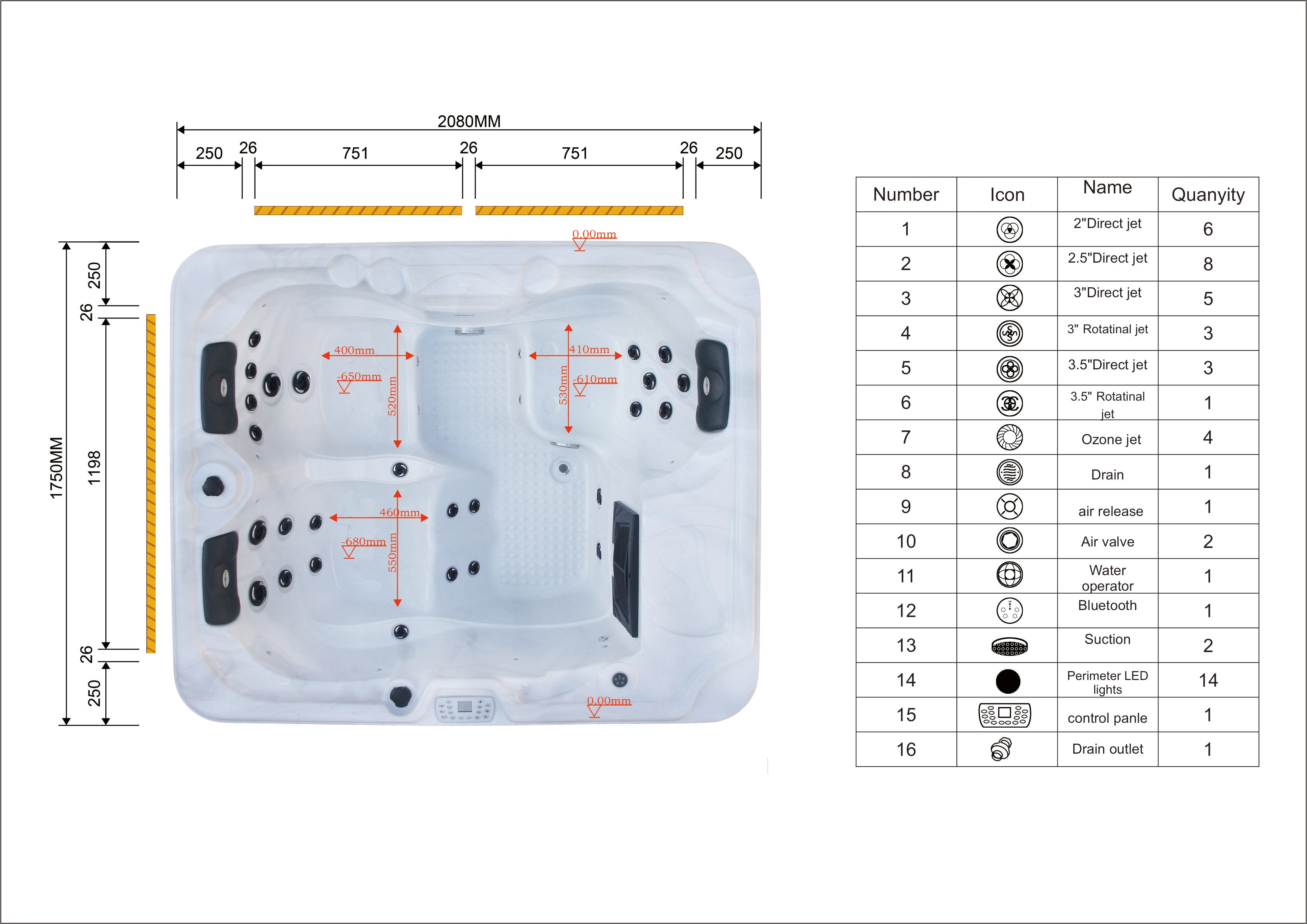 Sanotechnik Outdoor Whirlpool OASIS - Weiß - Abmessungsplan - Skizze & Anordnung der Austattung