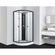 Sanotechnik BALATON Rundduschkabine mit schwarzen Alu Profilen und weißer Rückwand Handbrause, Glasablage und Sicherheitsglas 