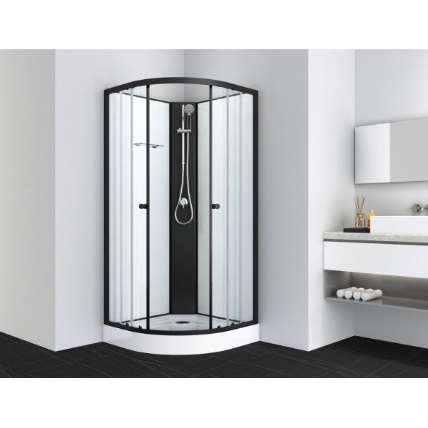 Sanotechnik BALATON Rundduschkabine mit schwarzen Alu Profilen und weißer Rückwand Handbrause, Glasablage und Sicherheitsglas 