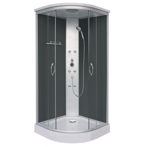 Sanotechnik PUNTO BLACK Runddusche mit grauen Rückenpaneelen, Handbrause, Regendusche, Glasablage und Sicherheitsglas 