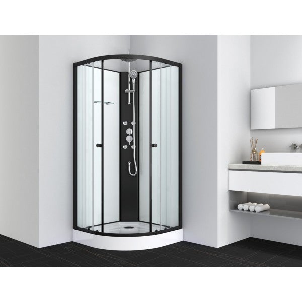 Sanotechnik RELOAD moderne Komplettdusche mit Massagepaneel, Handbrause und Kopfbrause mit schwarzen Alu Profilen 