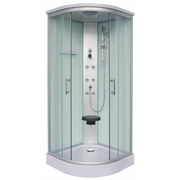 Sanotechnik RUMBA Rundduschkabine mit Massagedüsen, Handbrause, Kopfbrause und aufklappbaren Sitz. Ablageflächen und Sicherheitsglas