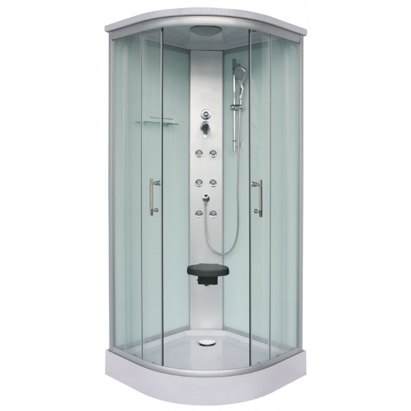 Sanotechnik RUMBA Rundduschkabine mit Massagedüsen, Handbrause, Kopfbrause und aufklappbaren Sitz. Ablageflächen und Sicherheitsglas