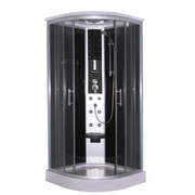 Sanotechnik SCALA BLACK Rundduschkabine mit Massagedüsen, Handbrause, Kopfbrause, LED-Beleuchtung, Radio, Ventilator und aufklappbaren Sitz. Ablage und Sicherheitsglas