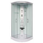 Sanotechnik SCALA Rundduschkabine mit Massagedüsen, Handbrause, Kopfbrause, LED-Beleuchtung, Radio, Ventilator und aufklappbaren Sitz. Ablage und Sicherheitsglas