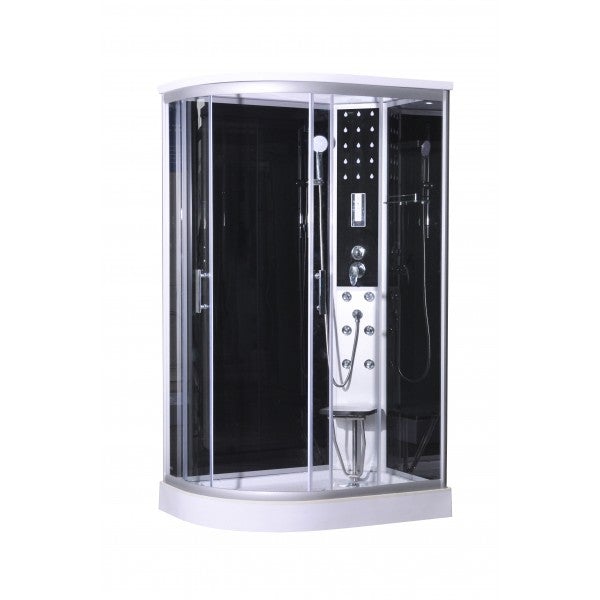 Sanotechnik VARIO LEFT -  Komplettduschkabine mit Massagedüsen, Handbrause, Kopfbrause, Ventilator, Radio, Deckenbeleuchtung und Touchscreen. Ablage und Sicherheitsglas 