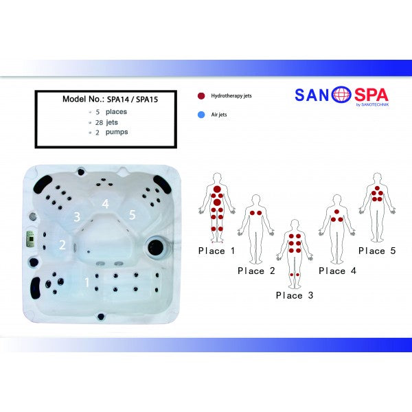 Sanotechnik Whirlpool PALMA mit 32 Massagedüsen für 5 Personen mit Radio, Bluetooth, Lautsprecher und LED Beleuchtung