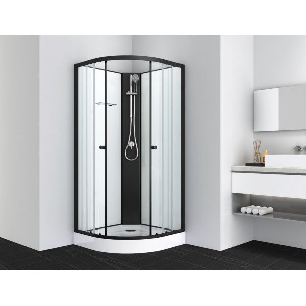 Sanotechnik BALATON Rundduschkabine mit schwarzen Alu Profilen und weißer Rückwand Handbrause, Glasablage und Sicherheitsglas