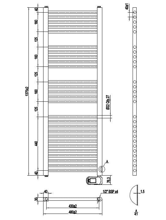 Elektro Design Heizkörper - UNO in Weiß - Abmessung Skizze: U130