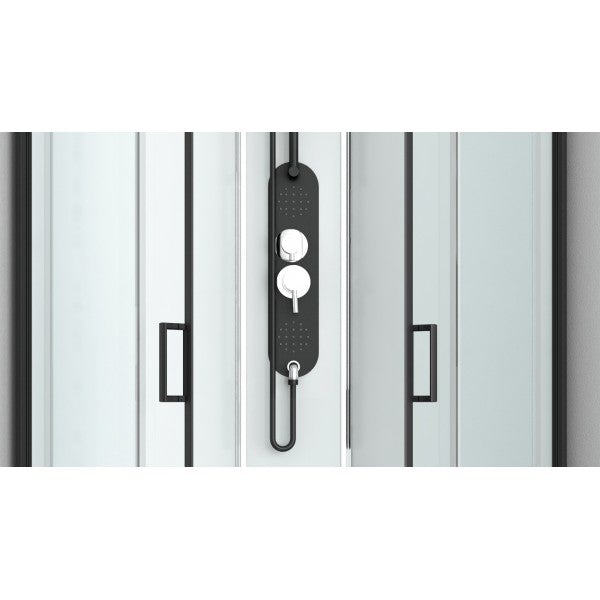Sanotechnik EPIC 3 Eckduschkabine mit schwarzen Alu Profilen, Massagedüsen, Handbrause, Kopfbrause, Glasablage und Sicherheitsglas.