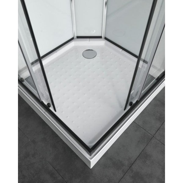 Sanotechnik EPIC 3 Eckduschkabine mit schwarzen Alu Profilen, Massagedüsen, Handbrause, Kopfbrause, Glasablage und Sicherheitsglas.