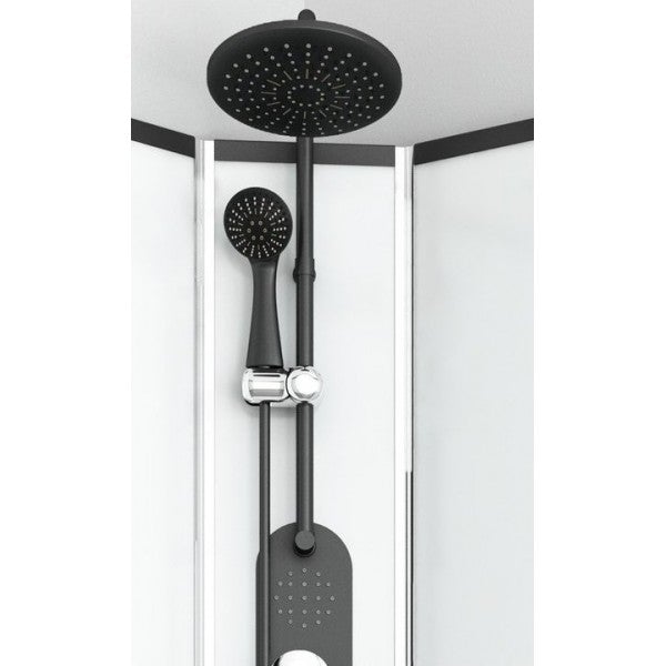 Sanotechnik EPIC 3 Eckduschkabine mit schwarzen Alu Profilen, Massagedüsen, Handbrause, Kopfbrause, Glasablage und Sicherheitsglas.