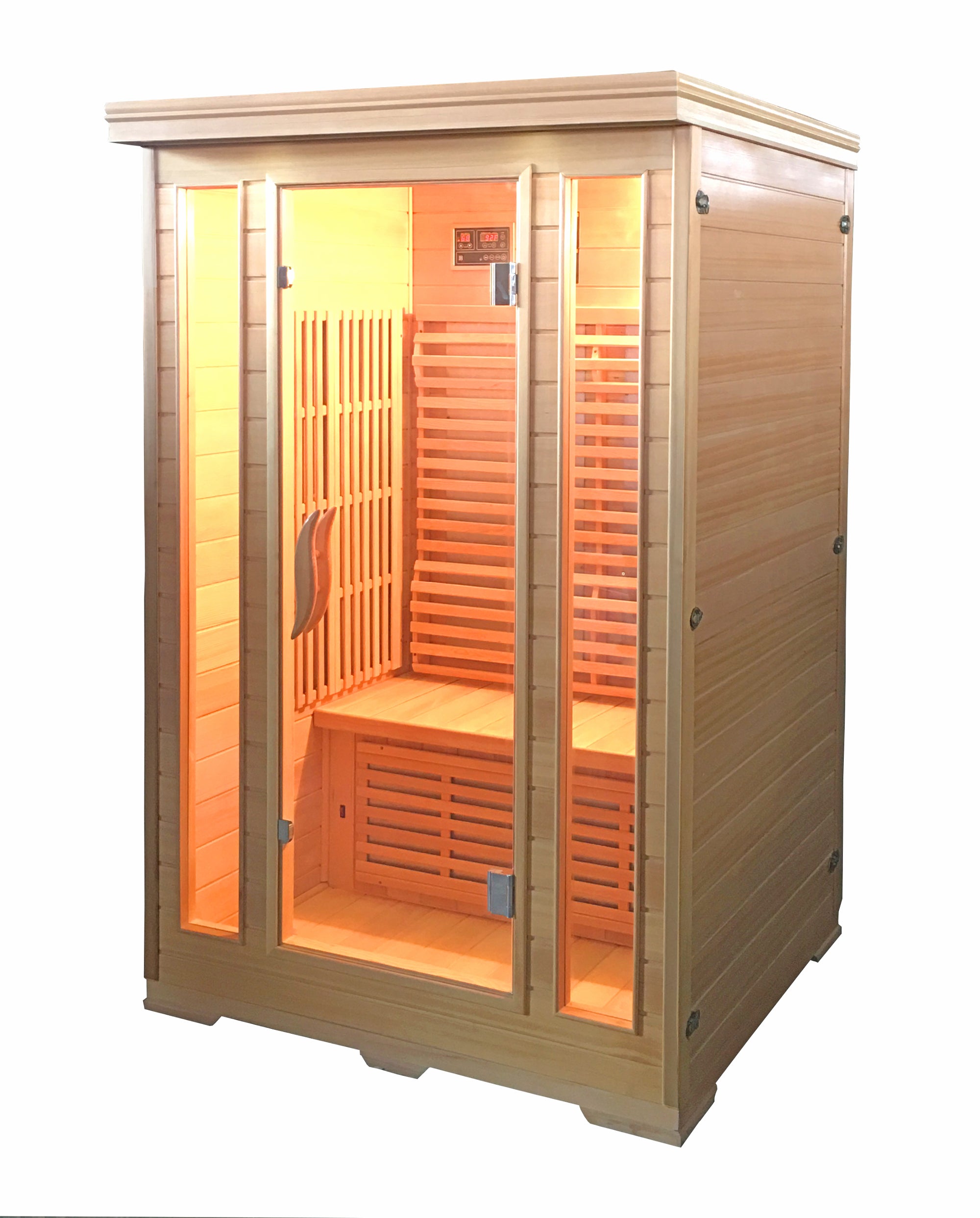 Sanotechnik Infrarotkabine KOMFORT für 2 Personen mit 7 carbon-Magnesium Heizplatten, Farblichttherapie, Lüftung, Audiosystem und elektronisches Bedienelement