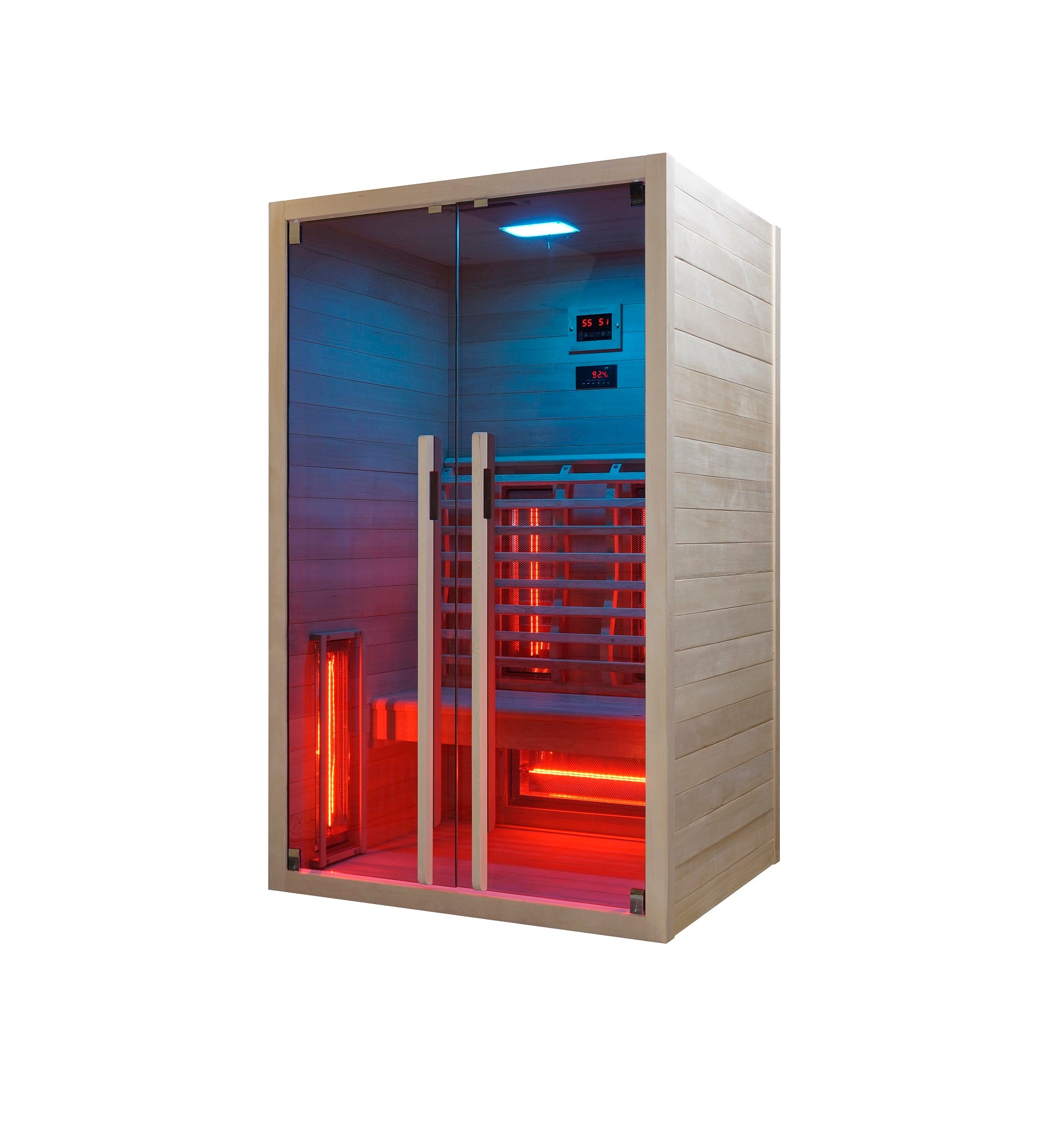 Sanotechnik Infrarotkabine RUBY 2 für 2 Personen mit 5 Vollspektrumstrahler, Farblichttherapie, LED Beleuchtung, Audio System und elektronisches Bedienelement