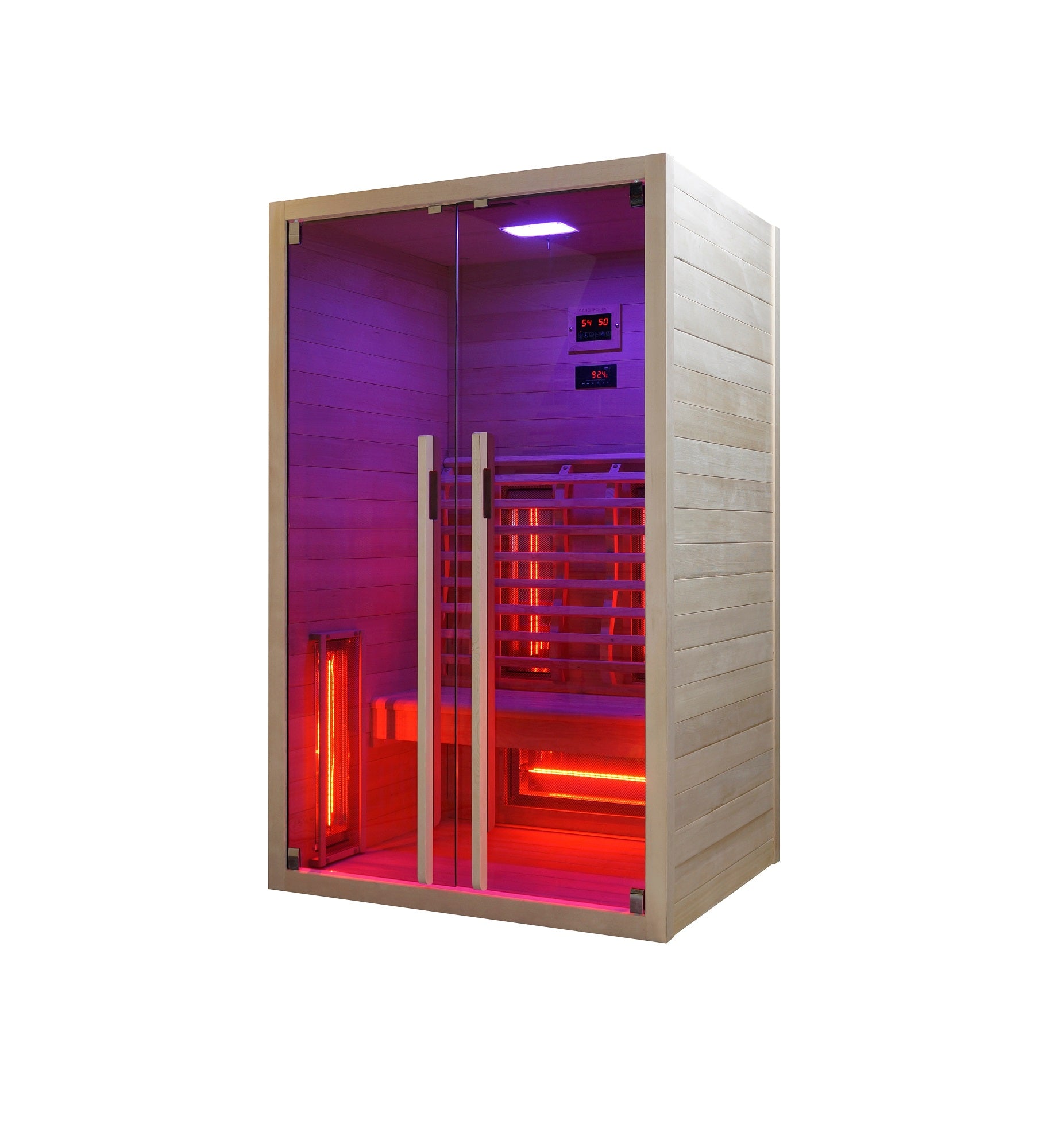 Sanotechnik Infrarotkabine RUBY 2 für 2 Personen mit 5 Vollspektrumstrahler, Farblichttherapie, LED Beleuchtung, Audio System und elektronisches Bedienelement