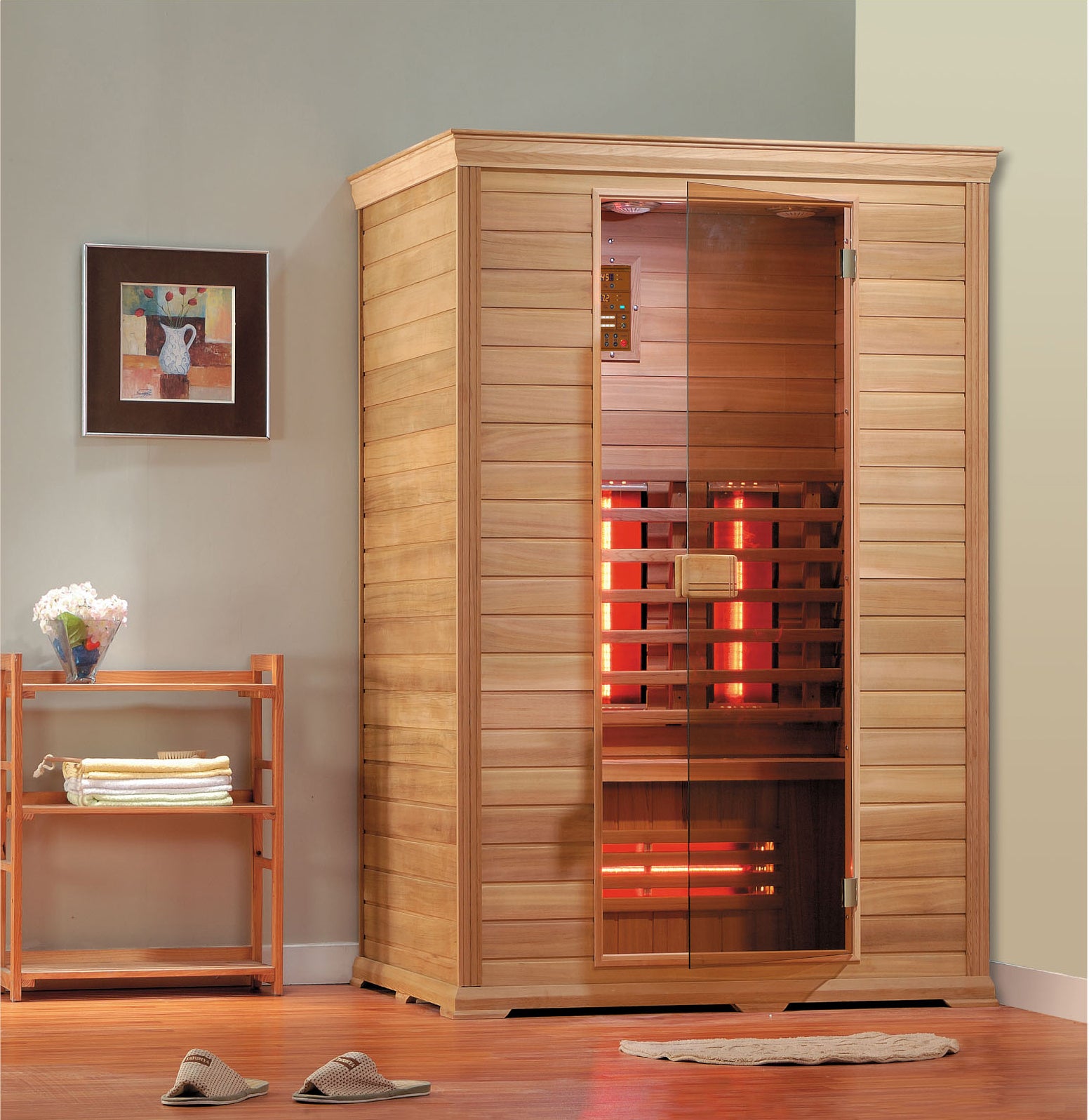 Sanotechnik Infrarotkabine CLASSICO für 2 Personen mit 6 Vollspektrumstrahler, Farblichttherapie, Audiosystem, Lüftung und elektronisches Bedienelement