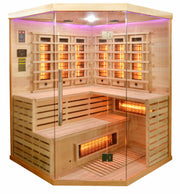 Sanotechnik Infrarotkabine DELUXE für 3-4 Personen mit 8 Vollspektrumstrahler + 1 Carbon Heizplatte, Farblichttherapie, Audiosystem, Lüftung und elektronisches Bedienelement 