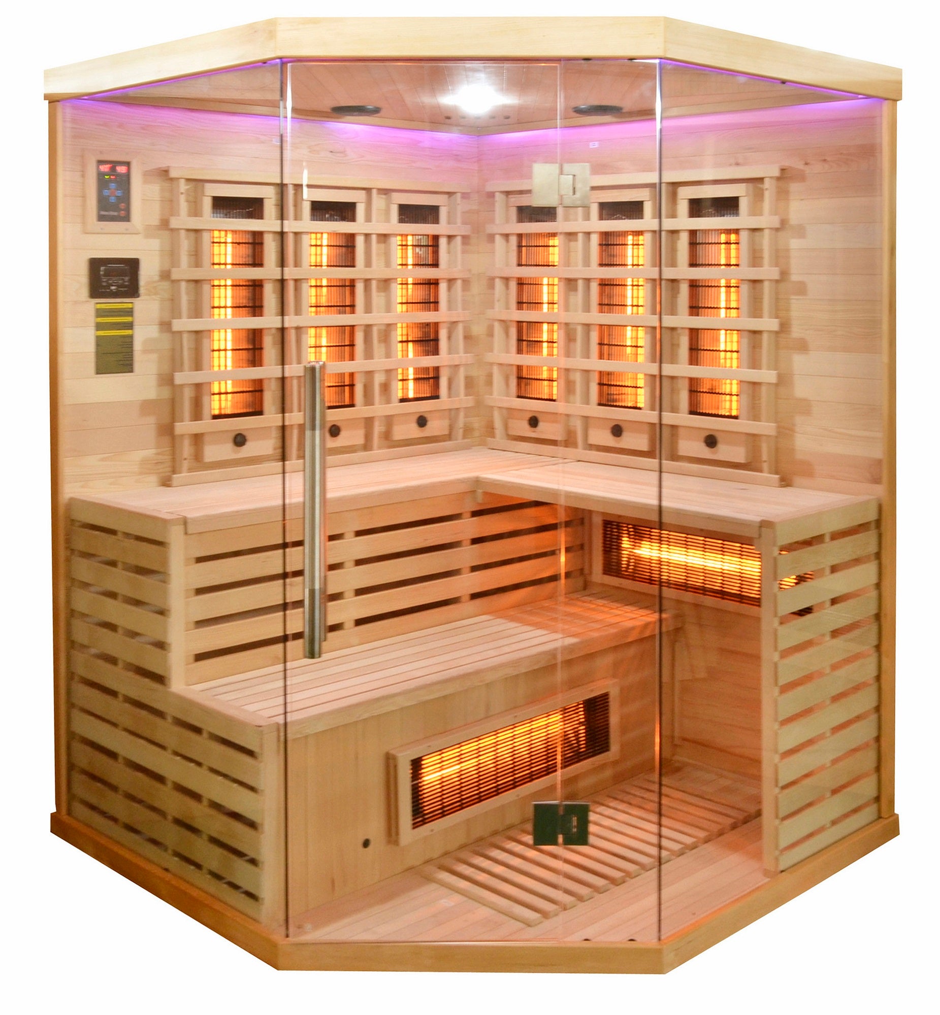 Sanotechnik Infrarotkabine DELUXE für 3-4 Personen mit 8 Vollspektrumstrahler + 1 Carbon Heizplatte, Farblichttherapie, Audiosystem, Lüftung und elektronisches Bedienelement 