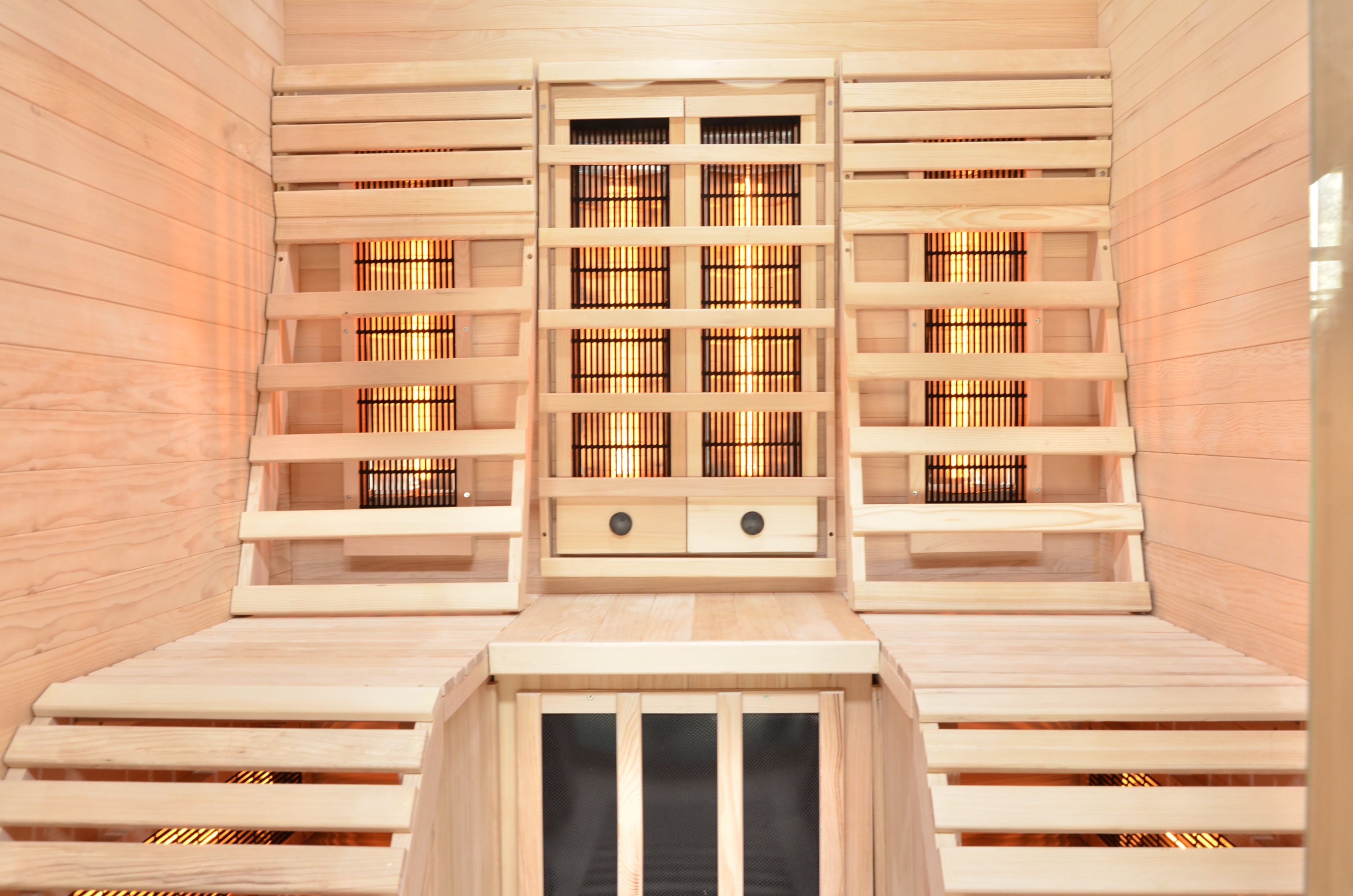 Sanotechnik Infrarotkabine OSLO für 2 Personen mit 8 Vollspektrumstrahler + 2 Carbon-Magnesium Heizplatten, Farblichttherapie, ergonomische Sitze + Rückenlehne, LED Beleuchtung und elektronisches Bedienelement