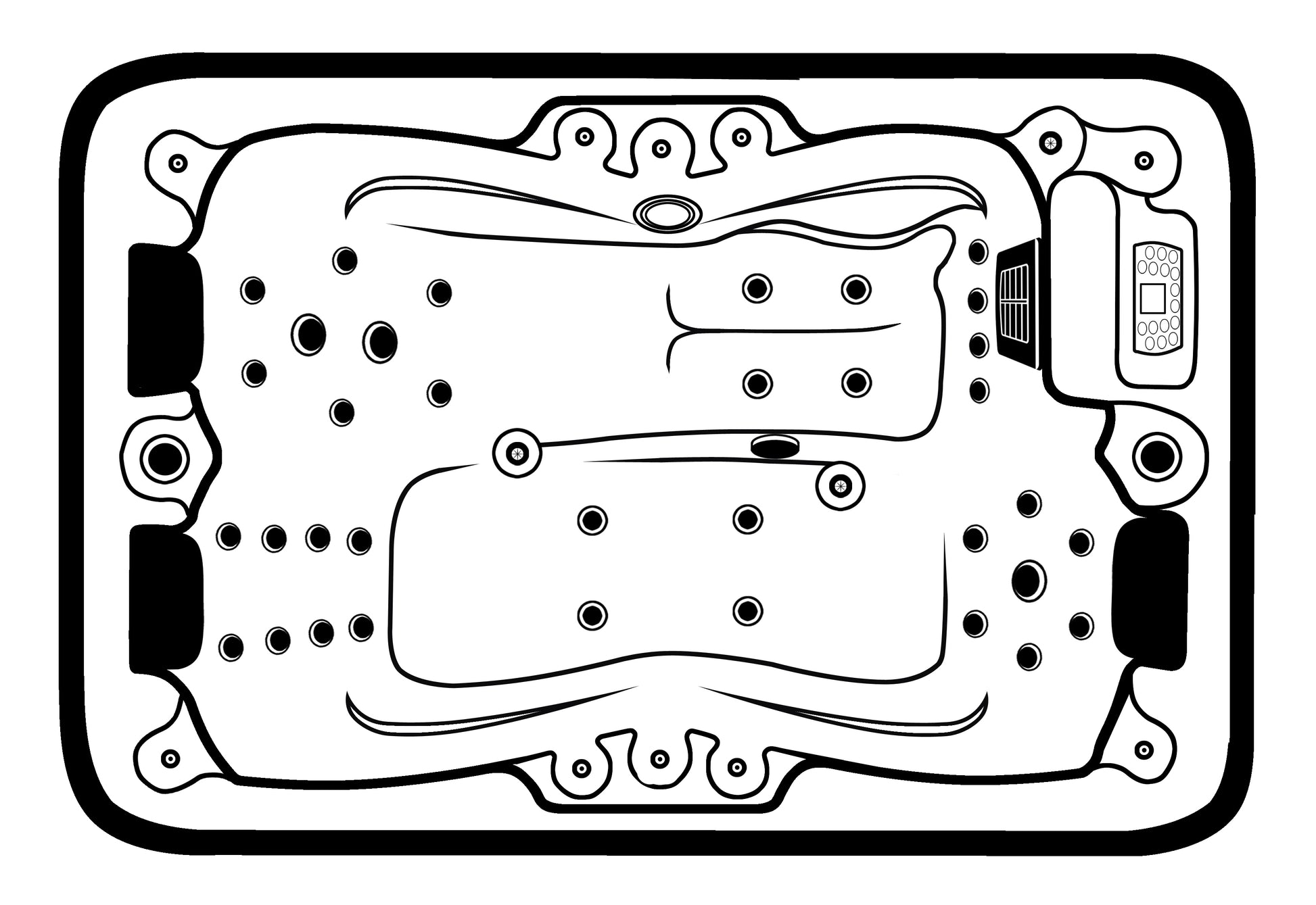 Sanotechnik Whirlpool MODENA - Ansicht von oben - Skizze mit Düsen, Sitzflächen, Bedienelement
