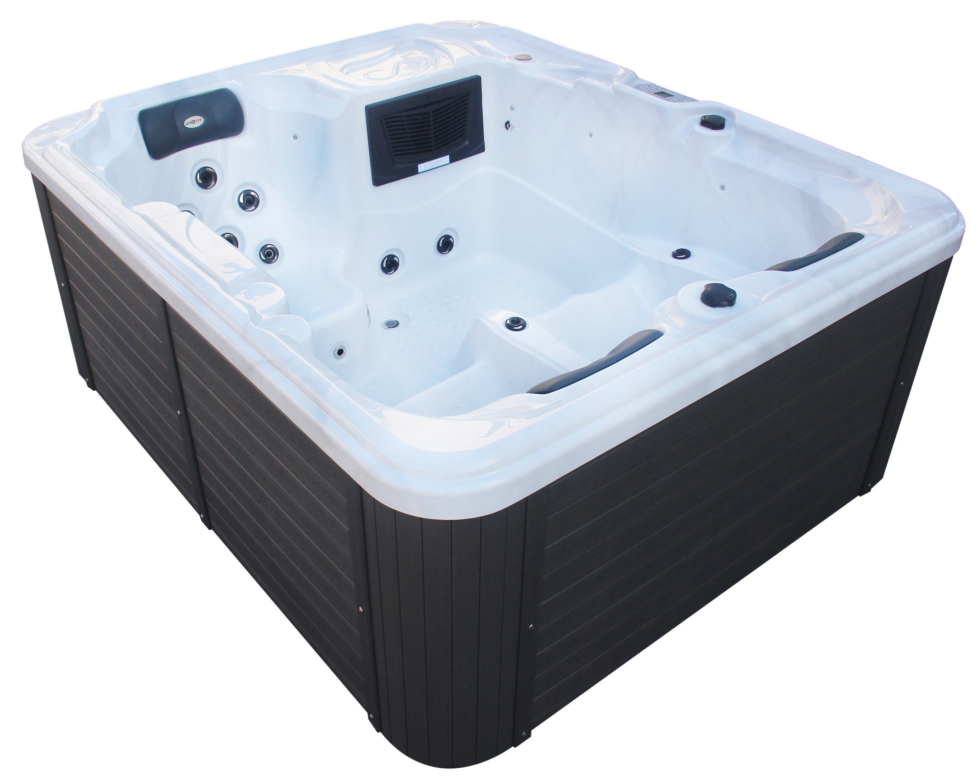 Sanotechnik Outdoor Whirlpool OASIS - Weiß - Seitenansicht - 30 Massagedüsen für 3 Personen, Radio, Lautsprecher, Bluetooth, LED Beleuchtung