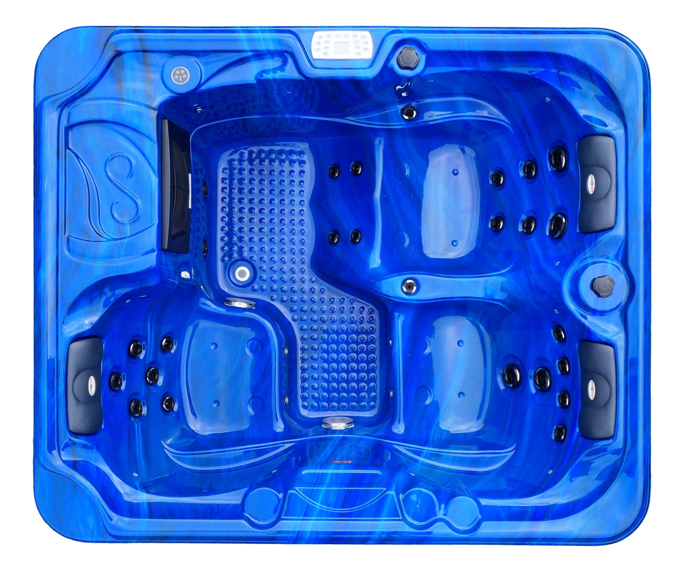 Sanotechnik Outdoor Whirlpool OASIS - Blau - Ansicht von oben - mit 30 Massagedüsen für 3 Personen, Radio, Lautsprecher, Bluetooth, LED Beleuchtung