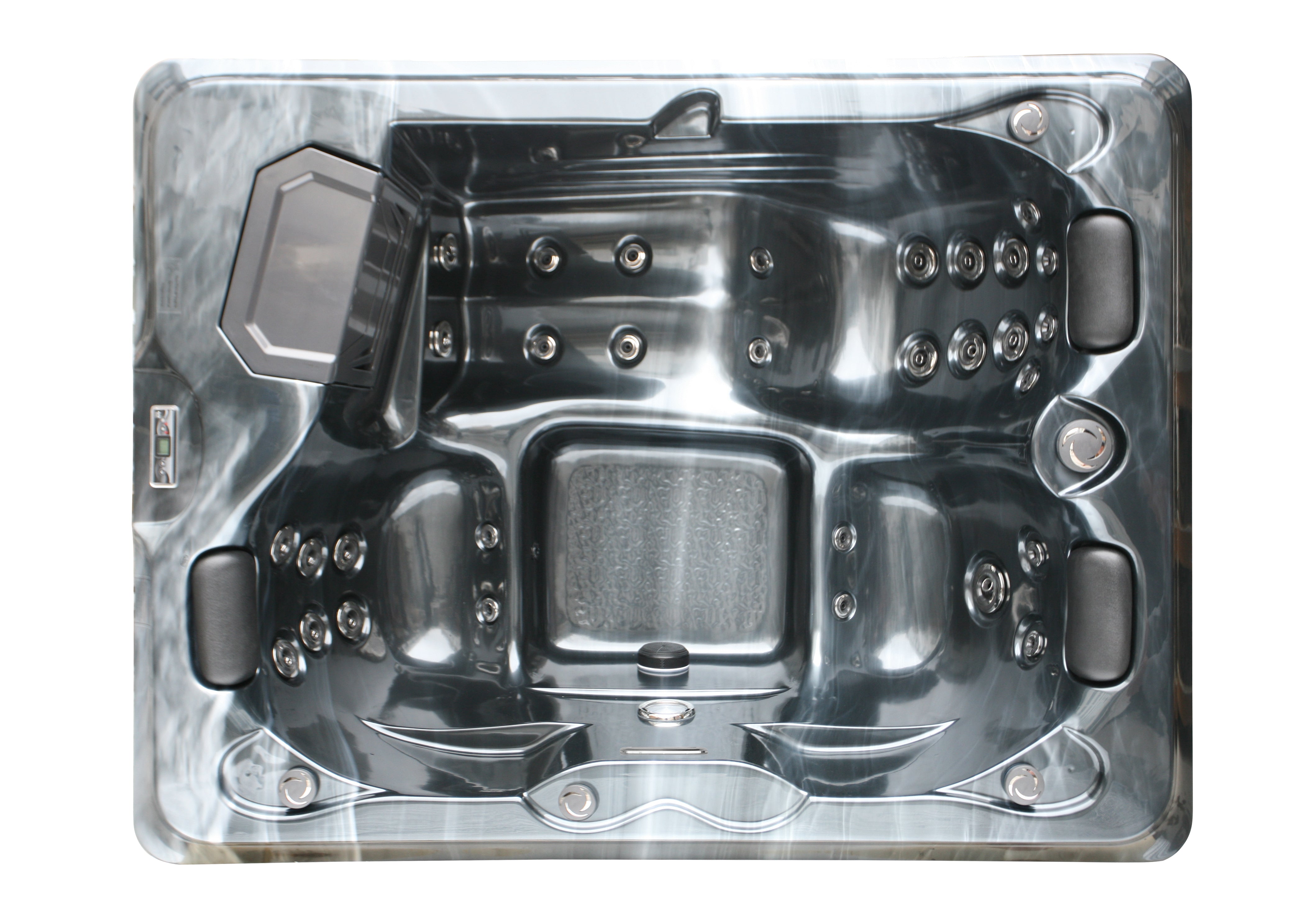 Sanotechnik Outdoor Whirlpool FIJI - Perl Shadow Grau - Ansicht von oben - Mit 31 Massagedüsen für 3 Personen, Bluetooth Audiosystem, LED Beleuchtung