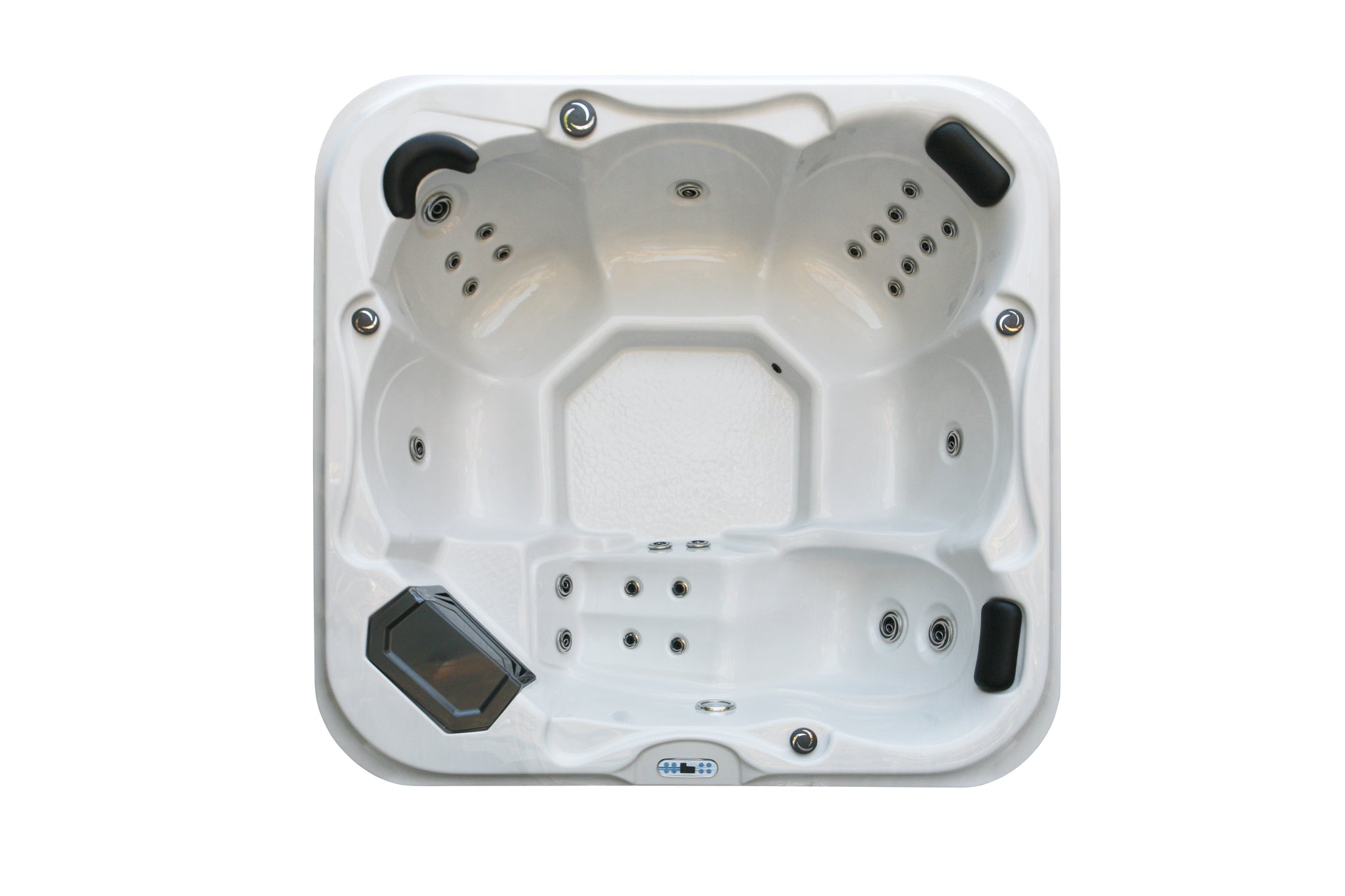 Sanotechnik Outdoor Whirlpool TIROL - Ansicht von oben - mit 28 Massagedüsen für 5 Sitzplätze & 1 Liegefläche mit Bluetooth Audio System und LED Beleuchtung